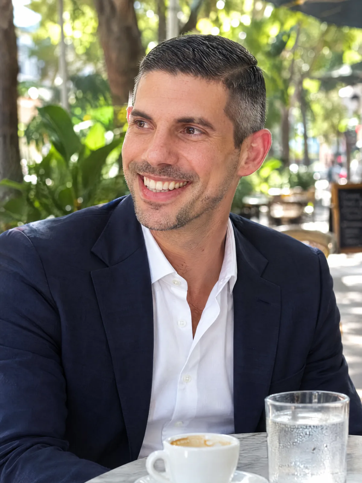 Adam Bair, Miami lawyer, laughing at an outdoor café table in a navy blazer and white shirt