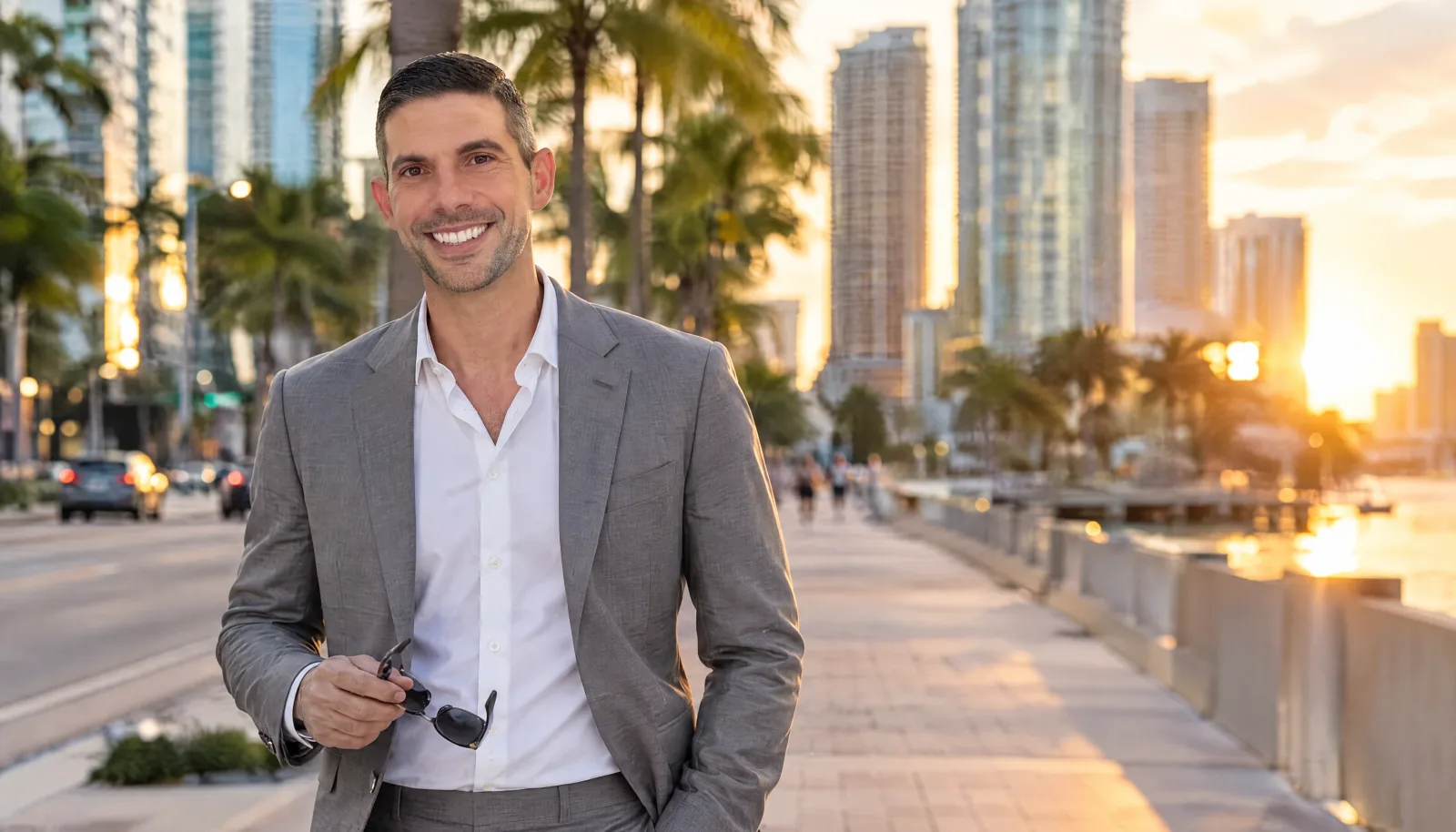 Adam Bair, Miami lawyer, smiling on a Brickell bayfront walkway at golden hour, sunglasses in hand