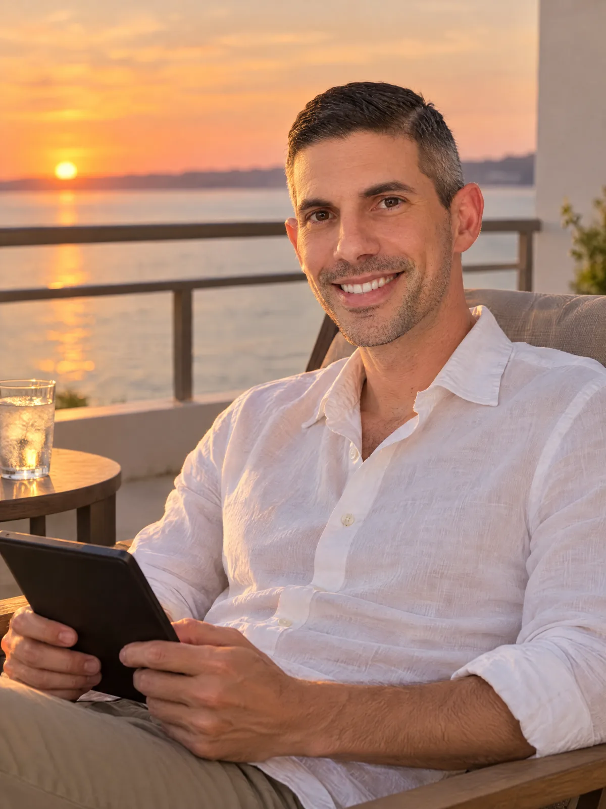 Adam Bair smiling in a lounge chair on a balcony at sunset, holding an e-reader, water behind him