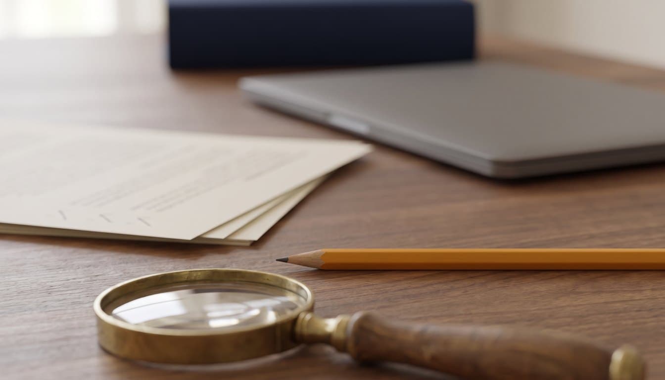 A courtroom gallery with scattered legal briefs and a dim screen, editorial composition for an article on checking AI-generated citations.
